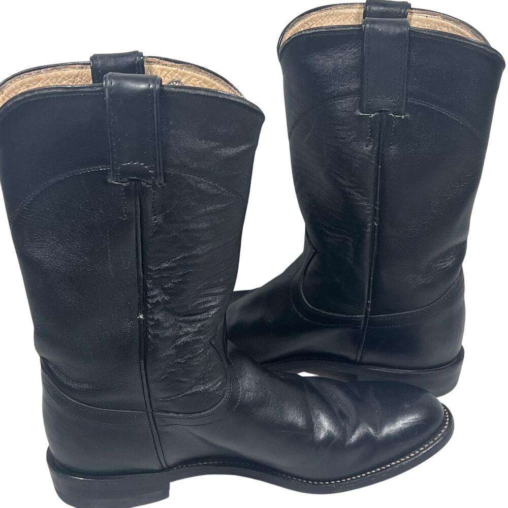 Justin Black Leather Roper Cowboy Boots Women's 6.5 L3703 Round Toe Western